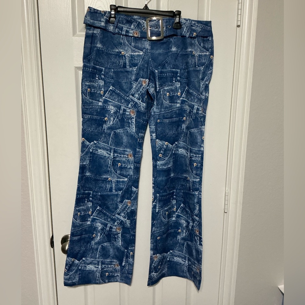Blue Denim Print Flared Pants